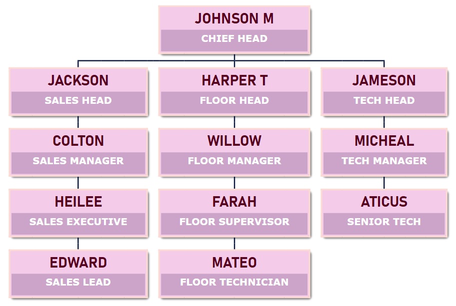 ORG chart template - Node with white text on a baby pink and purple background.