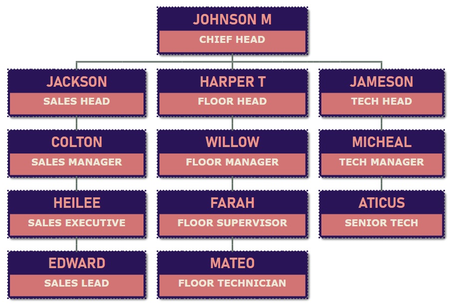 ORG chart template - Combination of dark blue and light red background with dotted border.