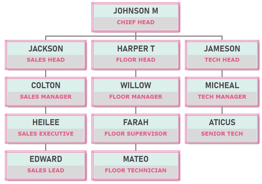 ORG chart template - Pink double line border with pistachio and grey background.
