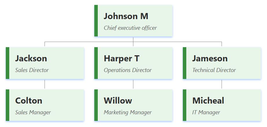 一个以森林为主题的组织结构图模板浅绿色方框。每个方框都采用极简设计，左侧以深绿色实心边框点缀。 data-ntcolor=