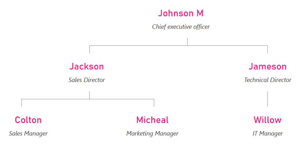 纯文本极简主义组织结构图主题，采用洋红色文本。