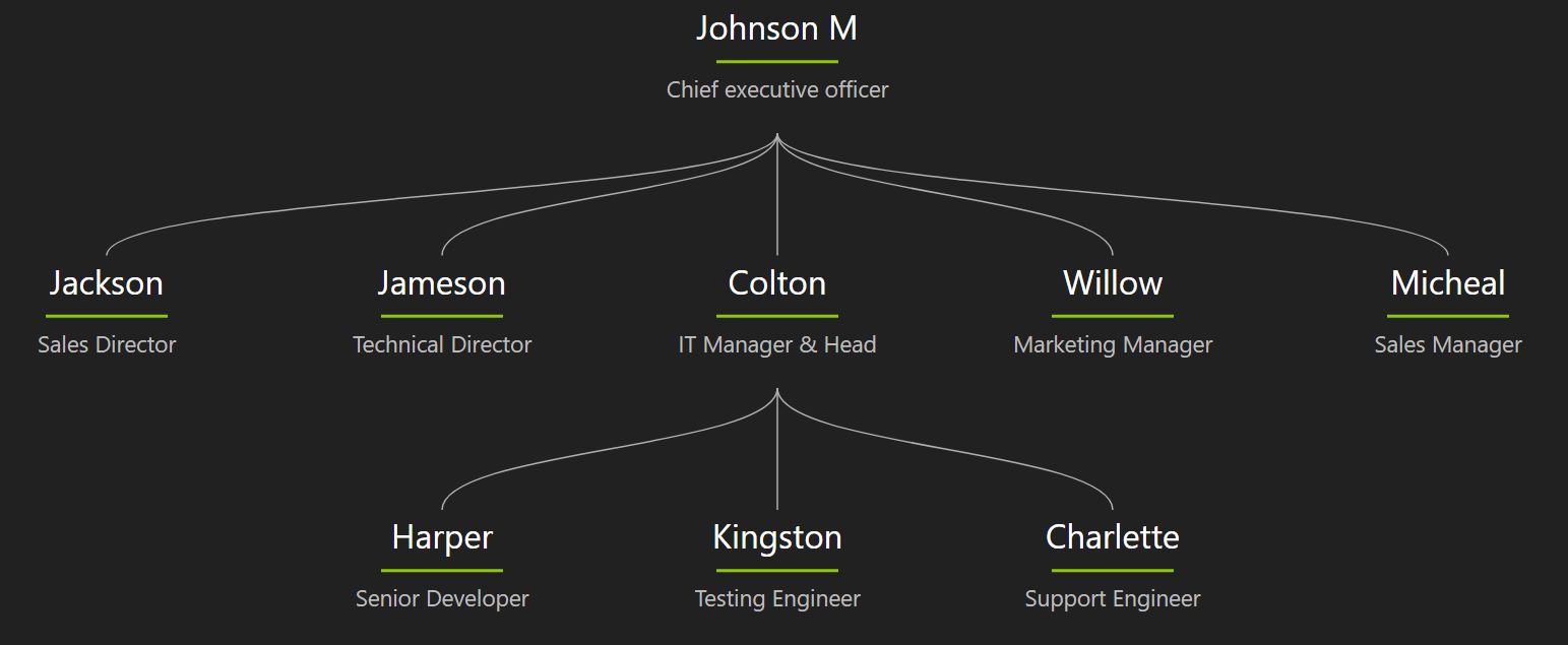 现代科技组织结构图主题，采用白色文字和亮绿色分隔线，背景为深色。