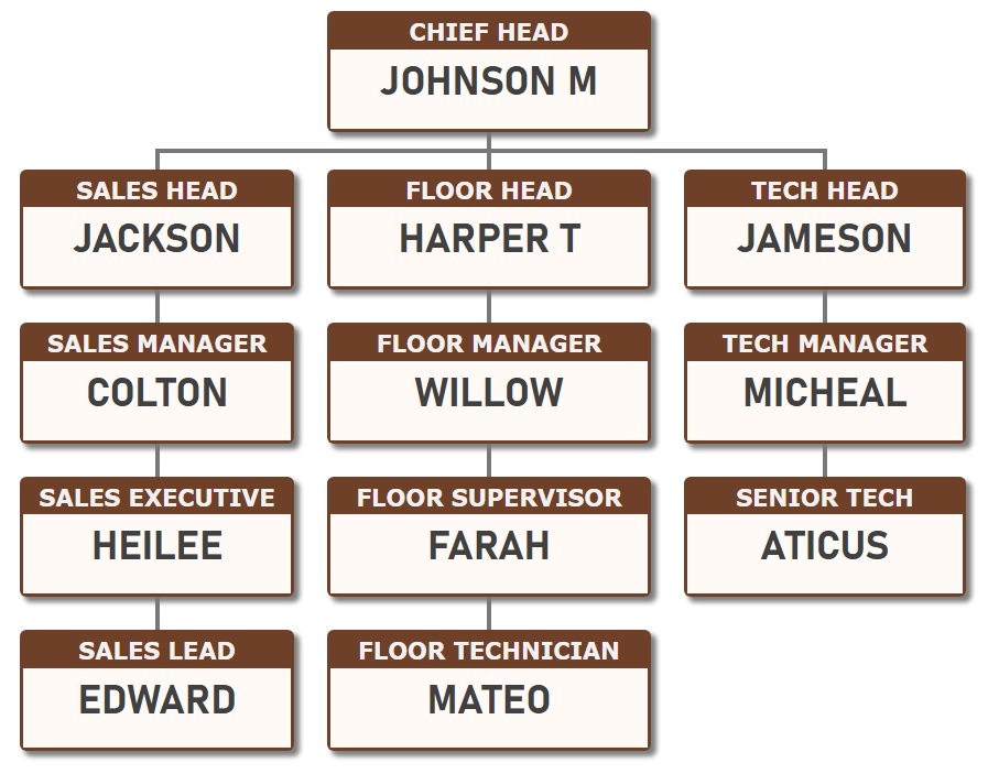 组织结构图模板 2 - 对职位名称部分使用深棕色背景，以便在设计中突出显示它们