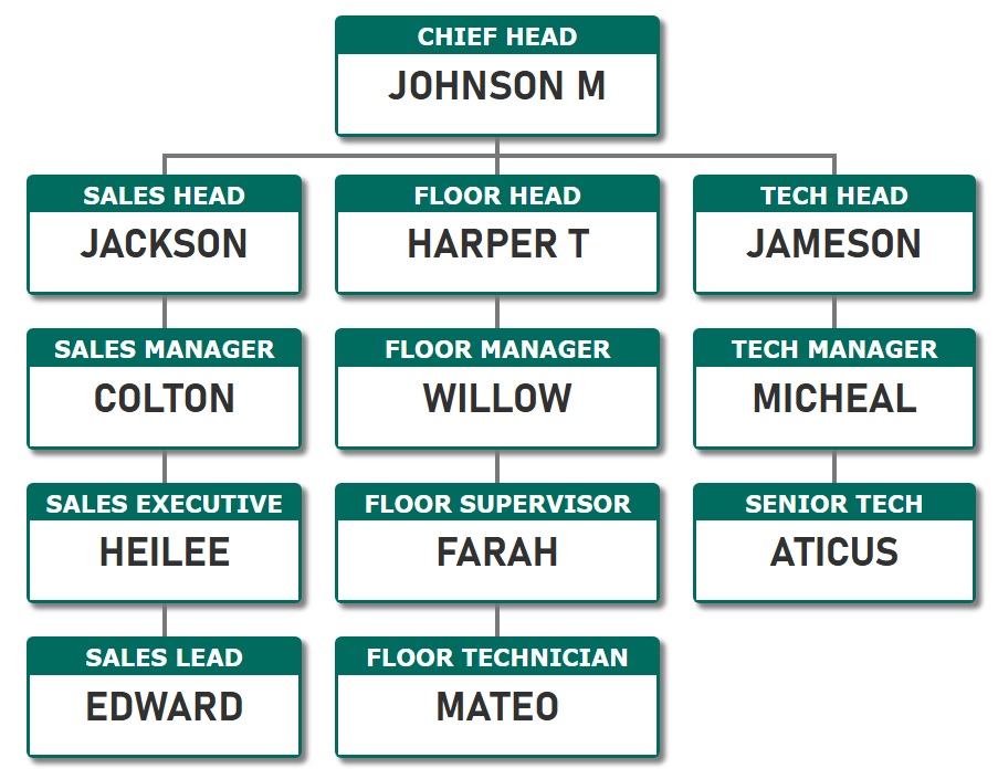 组织结构图模板 2 - 将深绿色填充颜色应用于包含职位名称的区域。