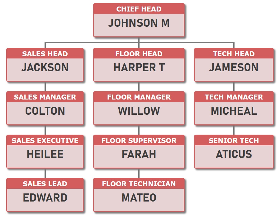 组织结构图模板 2 - 使用柔和的橙红色背景显示职位名称，并在较柔和、较浅的色调上显示人员姓名。