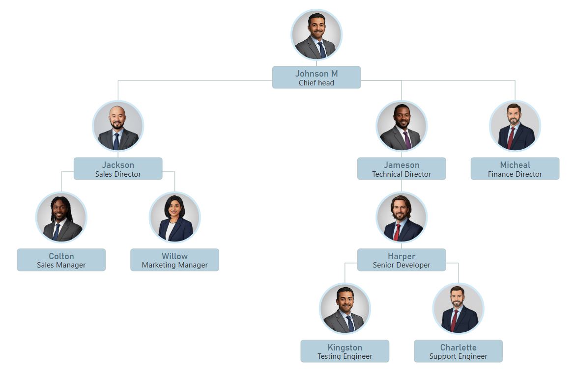 北极蓝组织结构图模板，具有浅蓝色标题背景、圆形头像和直线连接器。