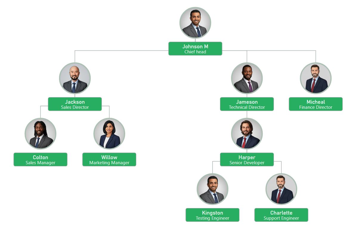 鲜艳翡翠组织结构图，带有充满活力的绿色标题栏、白色文本和专业的直线结构。