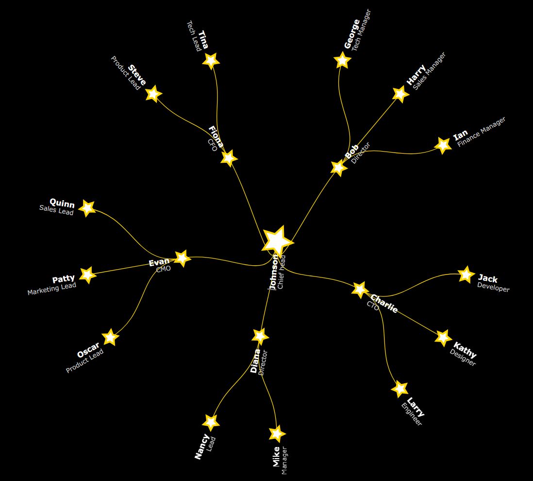 黑色背景上的白色节点和金色边框的放射状星形图表