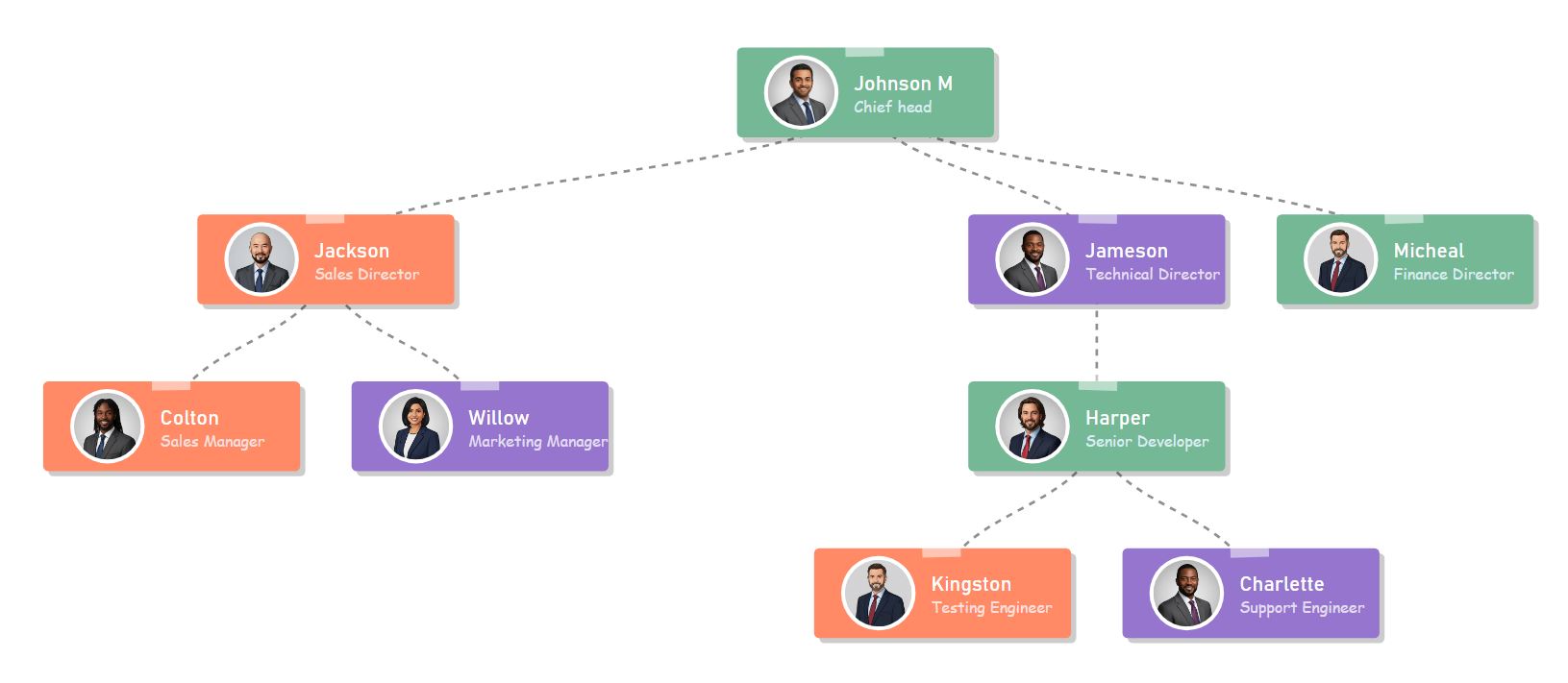 Thème d'organigramme doux et aéré avec des cartes bleu sérénité, corail chaud et violet lilas